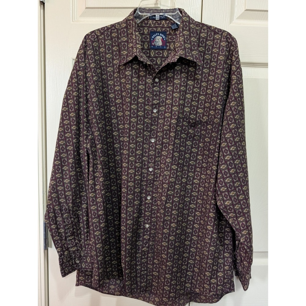 VTG Gant Salty Dog XL Burgundy Poplin Button Down Shirt Long Sleeve Quirky Print